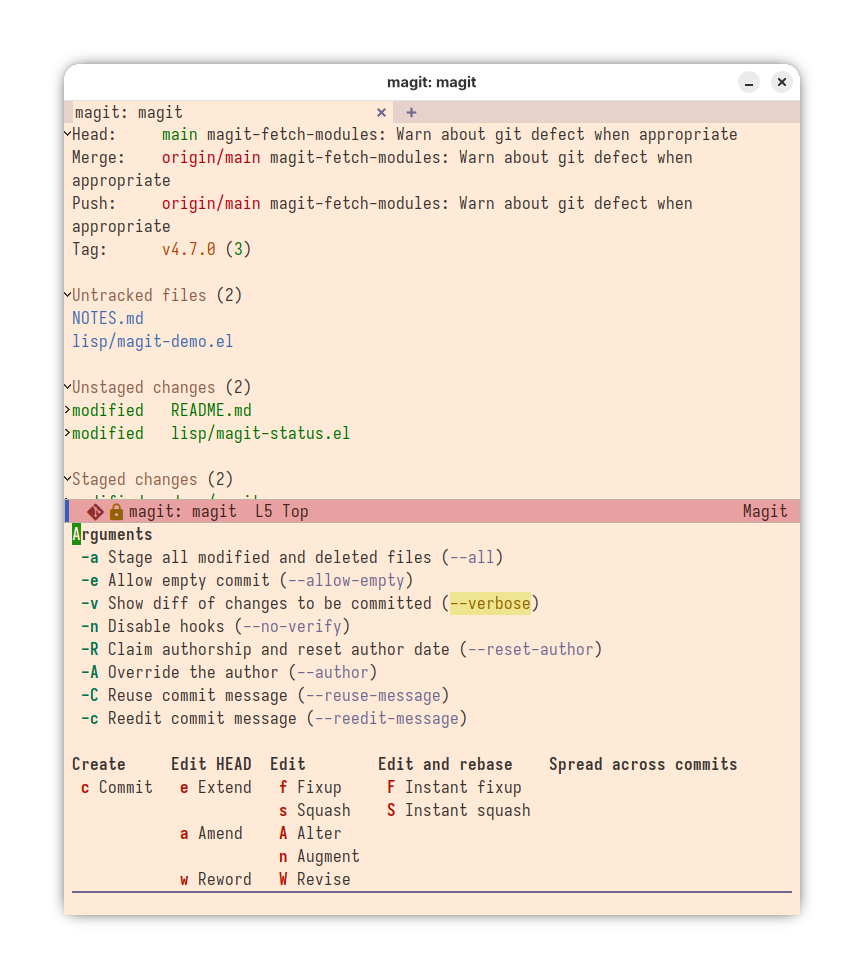 Magit Commit menu appears in the bottom half of the screen.